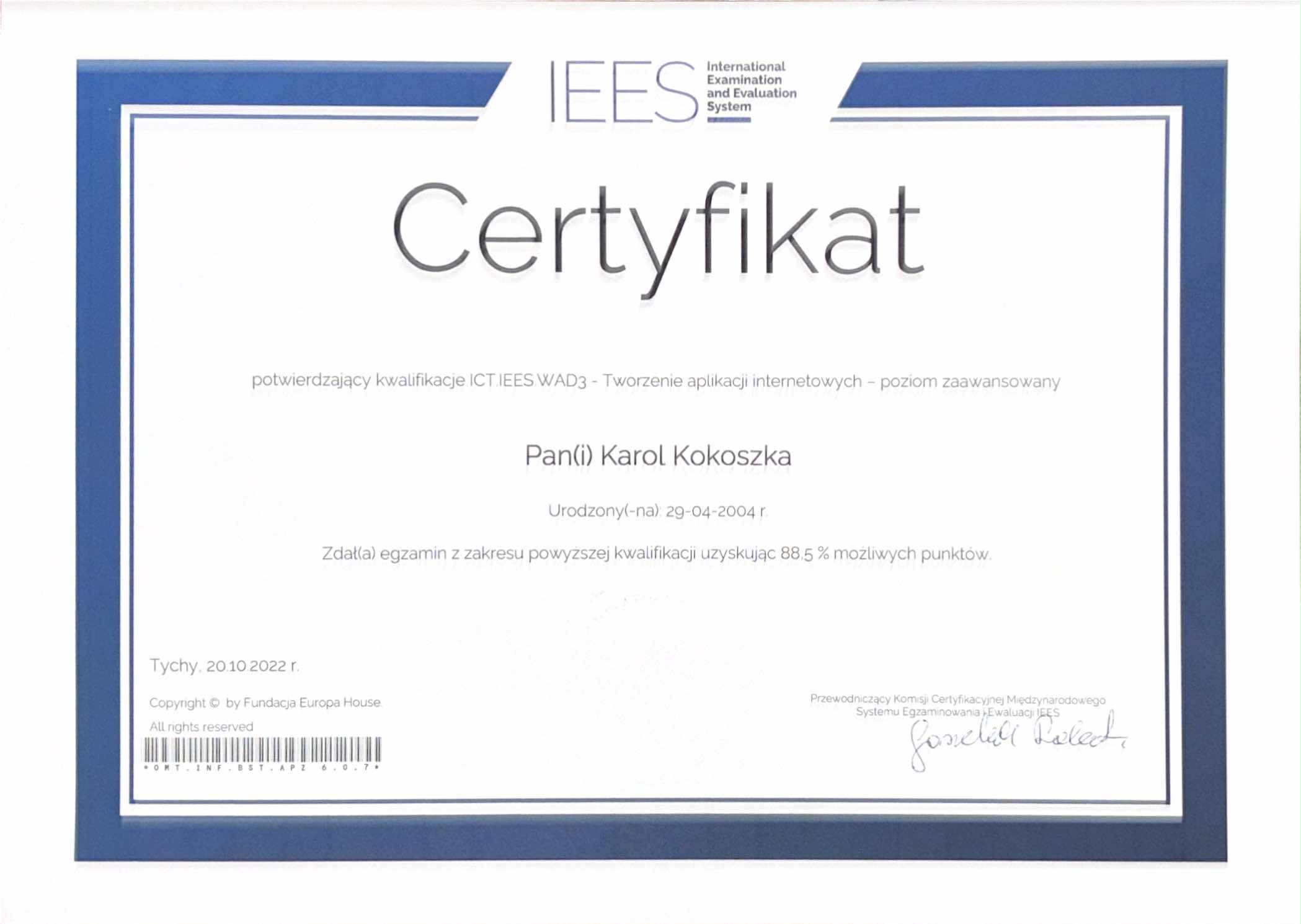 Certyfikat IEES Poziom Zaawansowany